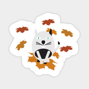 Black White Cat and Brown Fall Leaves Magnet