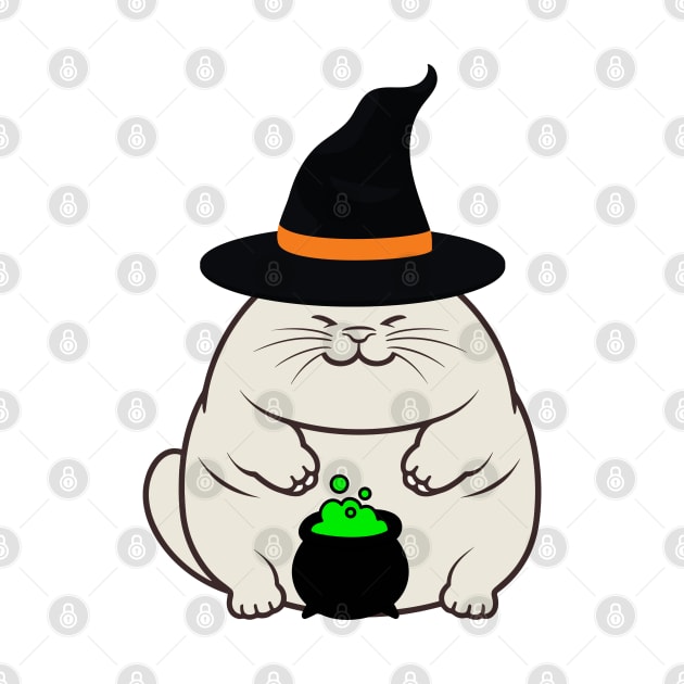 Funny fat cat is wearing a witch costume by Pet Station