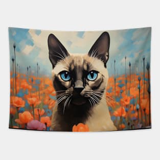 Retro Vintage Siamese Cat Art | Feline Garden Delight Tapestry