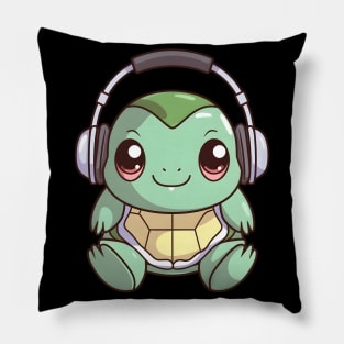 Green Turtle with Headphones Pillow