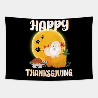 Pomeranian Seeing Turkey Dish Happy Halloween Thanksgiving Merry Christmas Day Tapestry