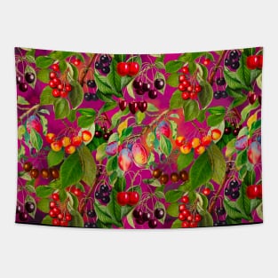 Exotic tropical floral leaves and fruits, botanical pattern, tropical fruits pattern, Pink and fuchsia fruit pattern over a Tapestry