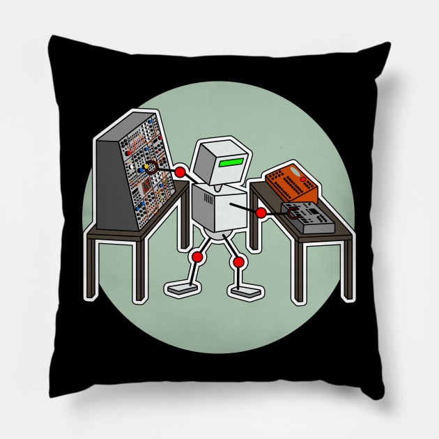 Robot Musician Playing Modular Synthesizer Pillow by Atomic Malibu