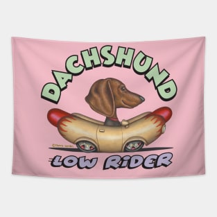 Classic Doxie Dog driving Lowrider with flames Wienermobile Tapestry