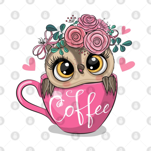 A cute owl with flowers on its head sits in a cup by Reginast777