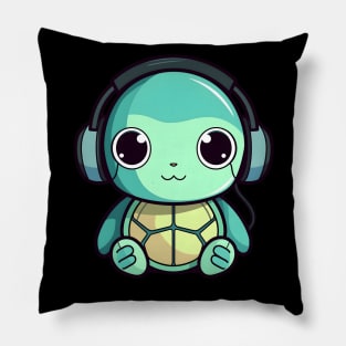 Green Turtle with Headphones Pillow