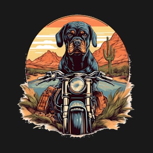 An edgy patriotic t-shirt design with a Rottweiler Dog on a vintage motorcycle T-Shirt