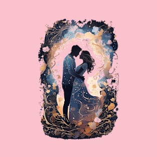 Vintage-Inspired Silhouette of a Couple in an Embrace - Valentine's Day T-Shirt