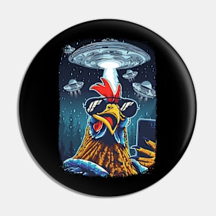 Rooster UFO Funny Chicken Meme Invasion Retro Alien Pin