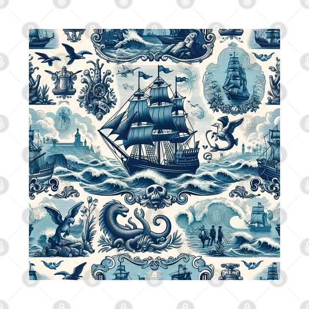 Nautical Odyssey Vintage Wallpaper, Toile de Jouy Tale by Gold Turtle Lina