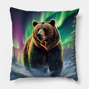 Brown Bear with Forest and Borealis, Colorful, Beautiful Pillow