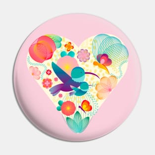 Heart of birds and butterflies among flowers Pin