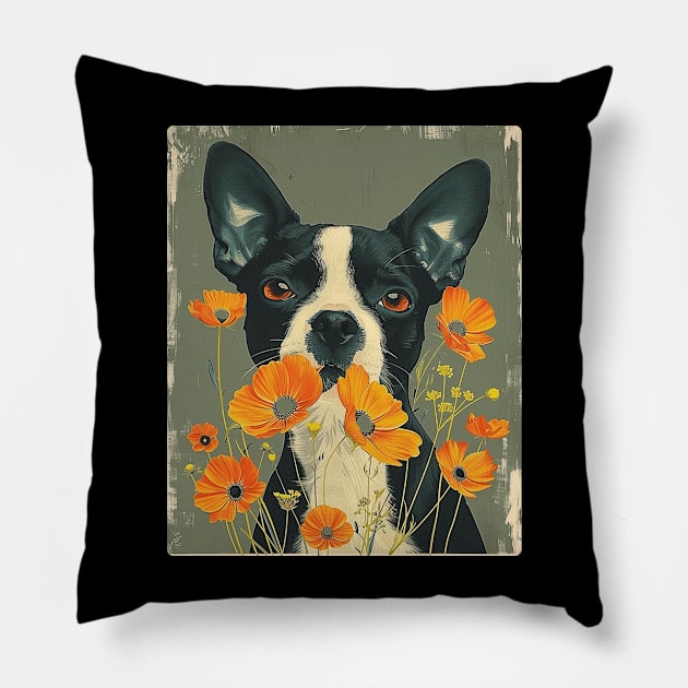 Boston Terrier Flowers Photo Art Design For Dog Onwer Pillow by karishmamakeia