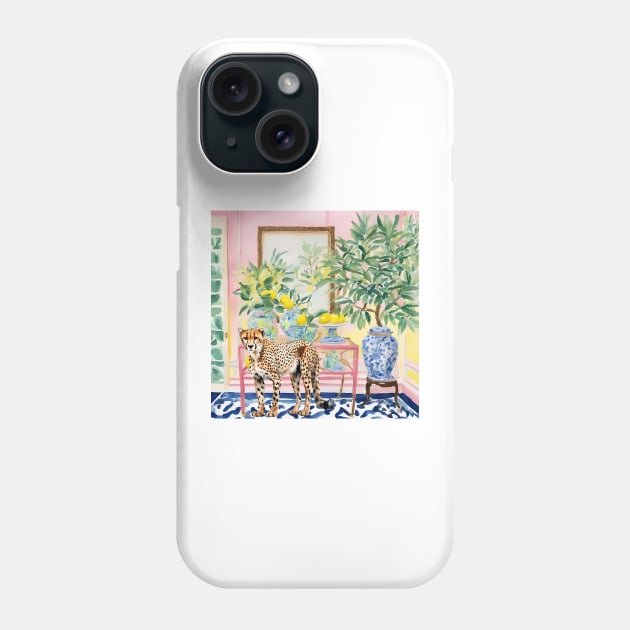 Cheetah in chinoiserie interior with lemon tree Phone Case by SophieClimaArt