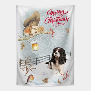 Tri Color Cavalier King Charles Spaniel Merry Christmas Santa Dog Tapestry