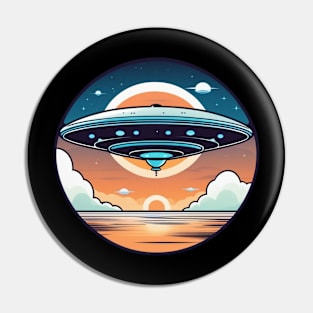 UFO flying saucer vintage over sea sunset Pin