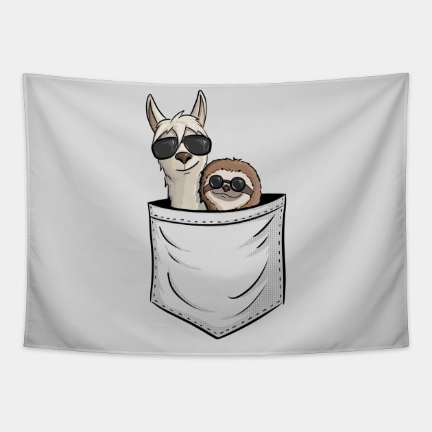 Hipster Llama & Sloth With Sunglasses In Pocket Tapestry by SkizzenMonster