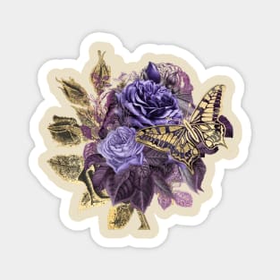 Vintage Purple and Gold Roses with Butterfly on Creamy Beige Magnet