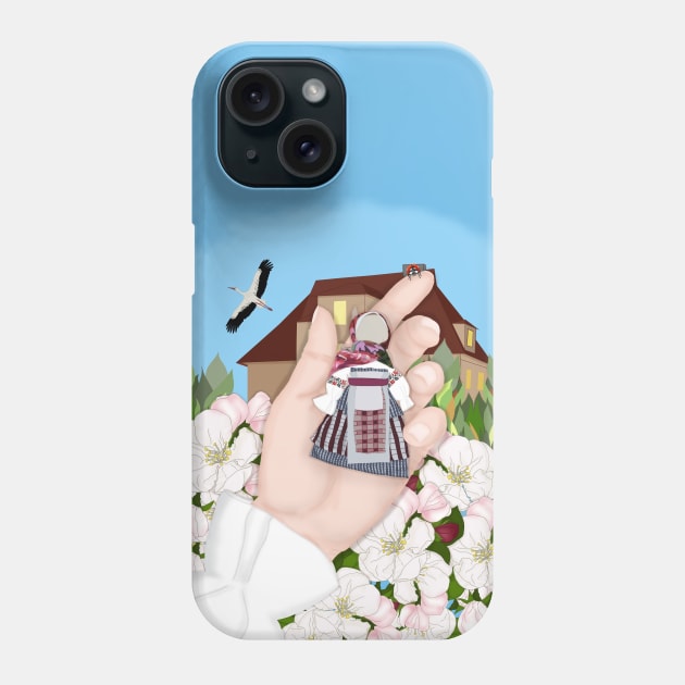 Ukrainian Folk Doll, Motanka. Native home, apple blossom, a stork flies in the blue sky. Phone Case by KateQR