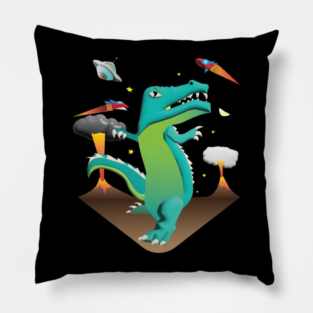 Space Dinosaur Versus UFO Pillow by riomarcos