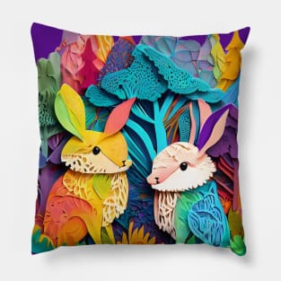 Rainbow Bunny Rabbits in a Rainbow Forest Pillow