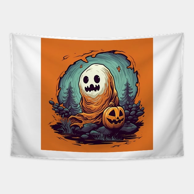 halloween design for kids, orange background, scary ghost with pumpkin Tapestry by Maverick Media