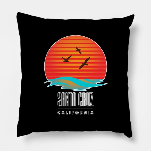 Santa Cruz Logo Sunset and Birds Pillow by PauHanaDesign