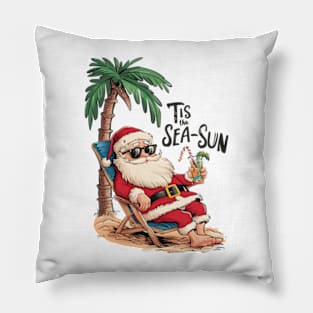 Tis the Sea-Sun Beach Santa Christmas Pillow