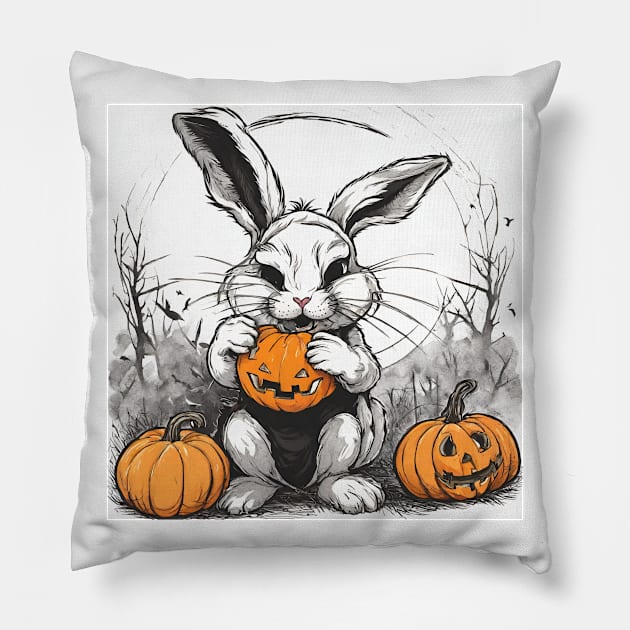 spooky Halloween rabbit eating pumpkin Pillow by in leggings