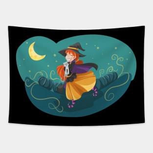 Cute Witch Running with Bored Cat in Arms Tapestry