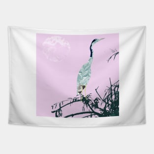 Black Headed Heron Marbled paper painting and collage Tapestry