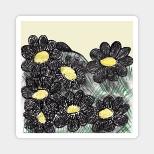 Botanical illustration with daisies. Hand painting, naturalistic black-yellow flowers. Summer print. Design for fabric, textile, packaging, flower shop, website, floristry. Magnet