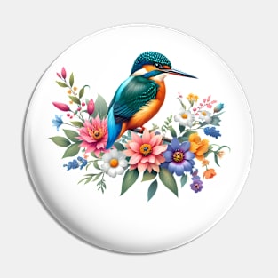 An oriental dwarf kingsfisher decorated with beautiful colorful flowers. Pin