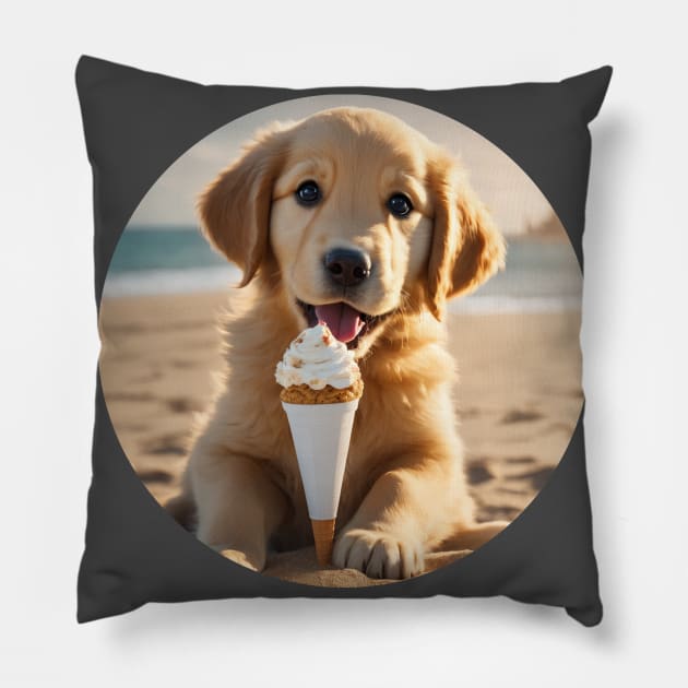 Cute Golden Retriever Puppy on a Beach With Ice Cream Pillow by Cre8tiveSpirit