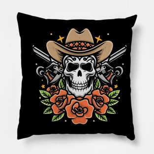 American Traditional Cowboy Skeleton Floral tattoo Pillow