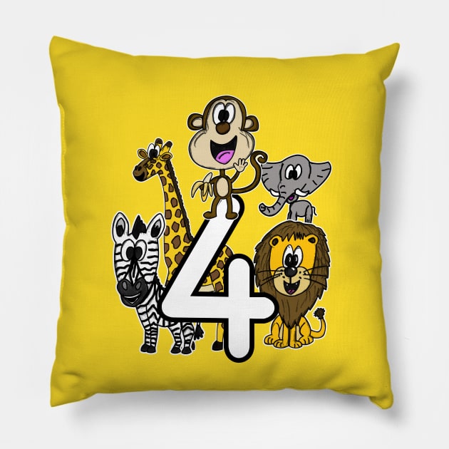 Safari Zoo Animals 4 Year Old 4th Birthday Pillow by doodlerob