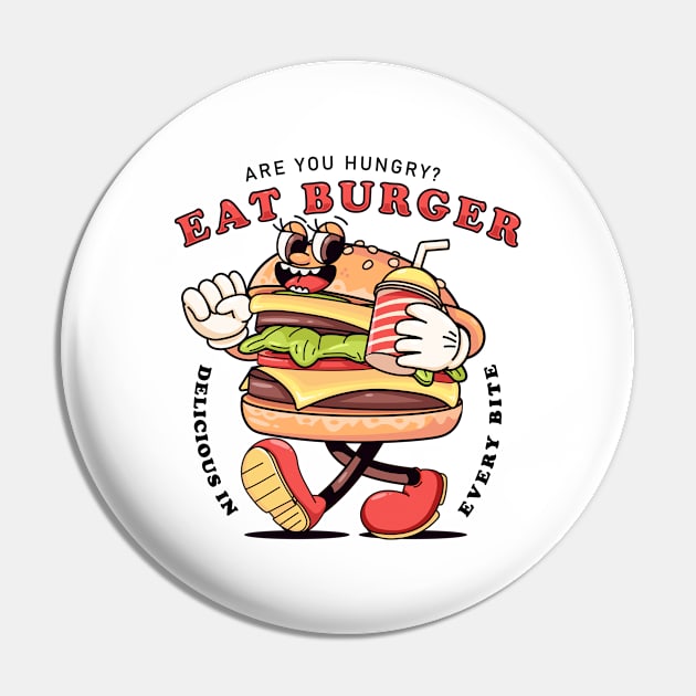 Eat Burger, retro carton burger walking while carrying drinks Pin by Vyndesign