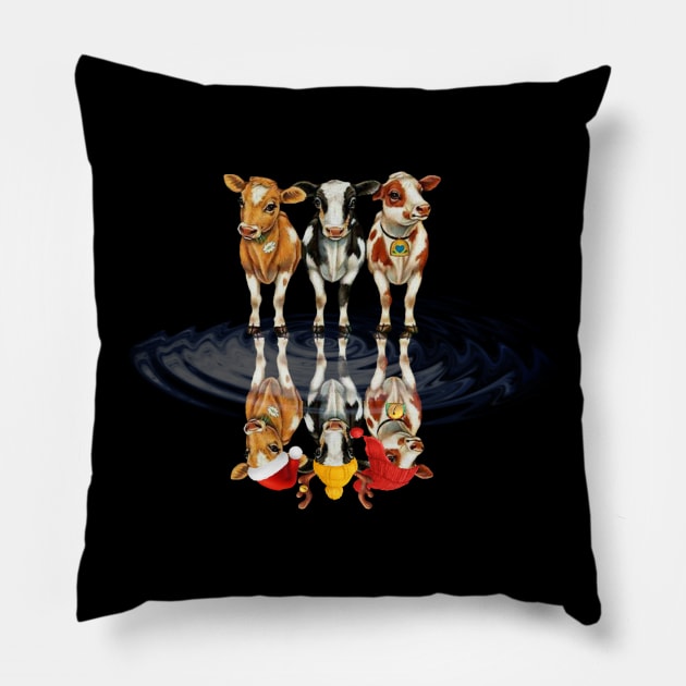 Cow Reindeer Hat Santa Christmas Lights Funny Cow Christmas Pillow by reginaturner