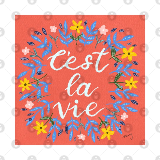 C'est La Vie Coral Red | Floral Wreath | Quote by thewhimsicalrepose