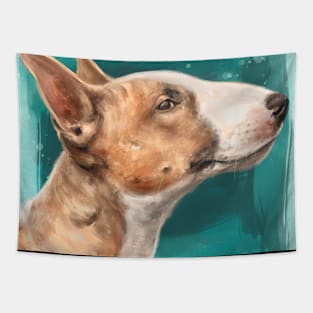 Painting of a Brown and White Bull Terrier on Teal Blue Background Tapestry