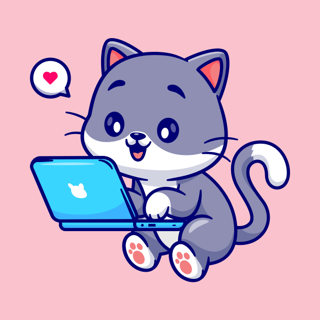 Cute Cat Working On Laptop Cartoon by Catalyst Labs