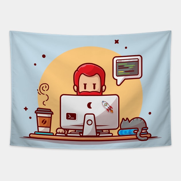 Man Working On Computer With Cat Cartoon Vector Icon Illustration Tapestry by Catalyst Labs