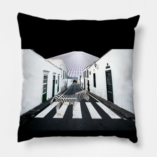 Surreal collage Zebra on street crosswalk Pillow