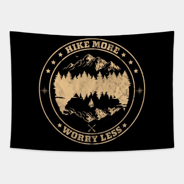 Hike More Worry Less - Retro Vintage Mountain Hiking Camping Tapestry by OrangeMonkeyArt