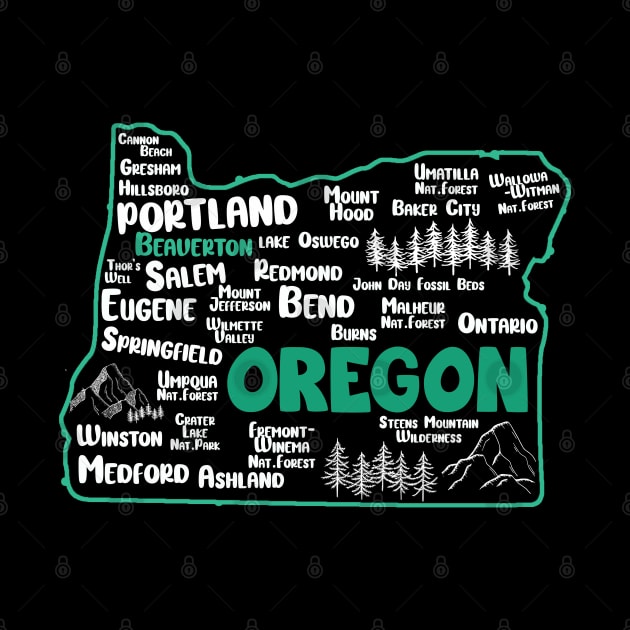 Cute map of Beaverton Oregon, Portland, Salem, Eugene, Springfield, Bend, Ontario, Medford by BoogieCreates