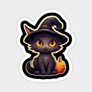 Black Cat In Witches Hat - Black Cats Spooky Halloween Magnet