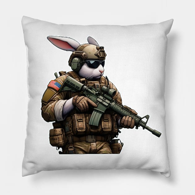 Tactical Rabbit Pillow by Rawlifegraphic