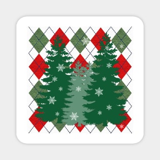 Christmas Gifts, Winter Red & Green Diagonal Plaid Print with Pine Trees and Snowflakes Graphic Design, Bedding, Apparel and other gifts Magnet