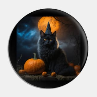 A sleek black witch cat on Halloween night Pin