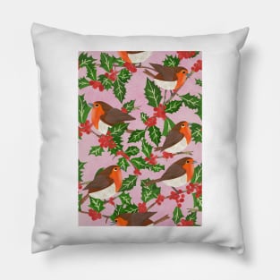 Paper cut robins in a holly tree repeat pattern Pillow